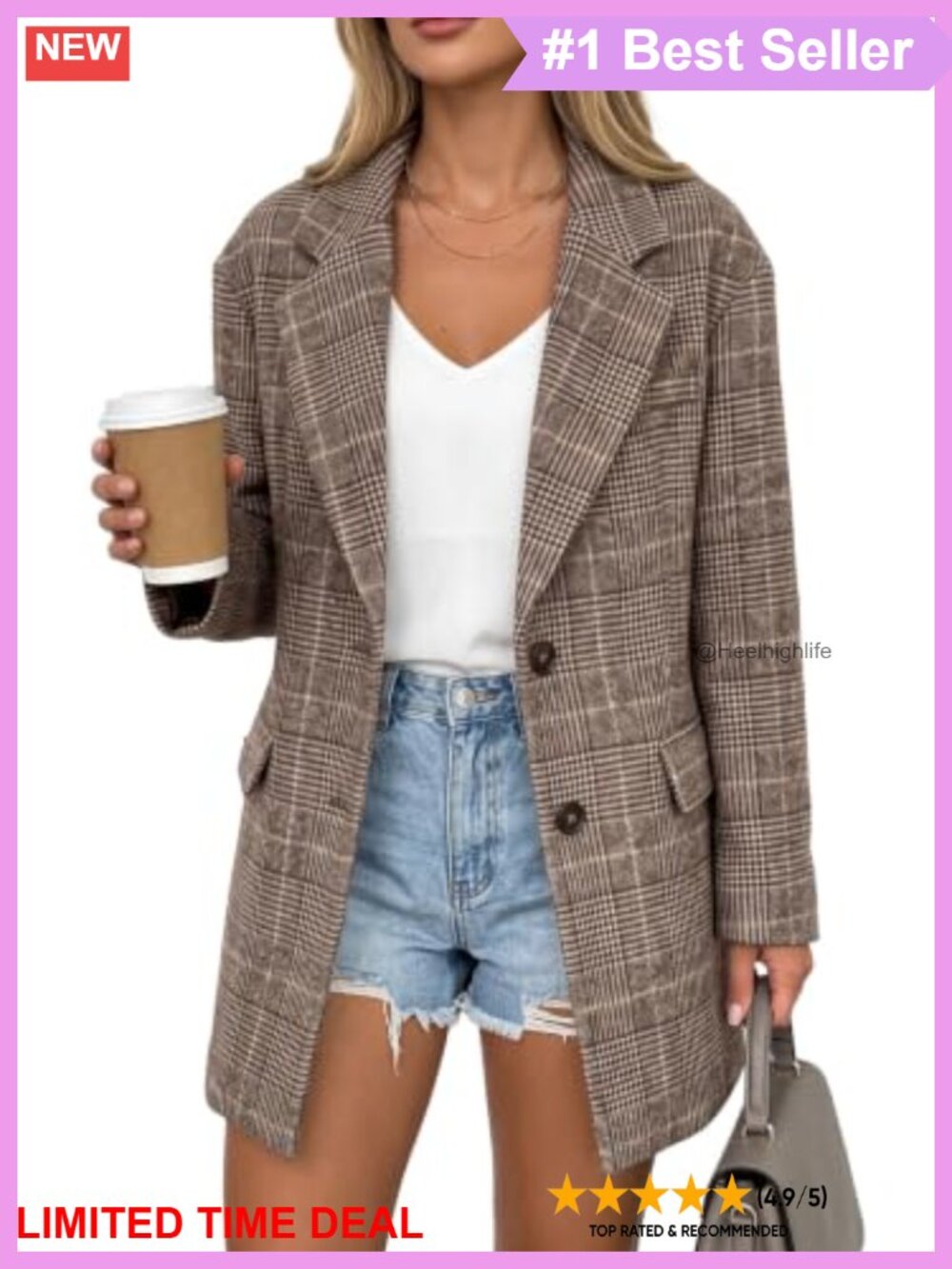 Plaid Tweed Mid-Length Blazer Notched Lapel 2-Button Patch Pockets